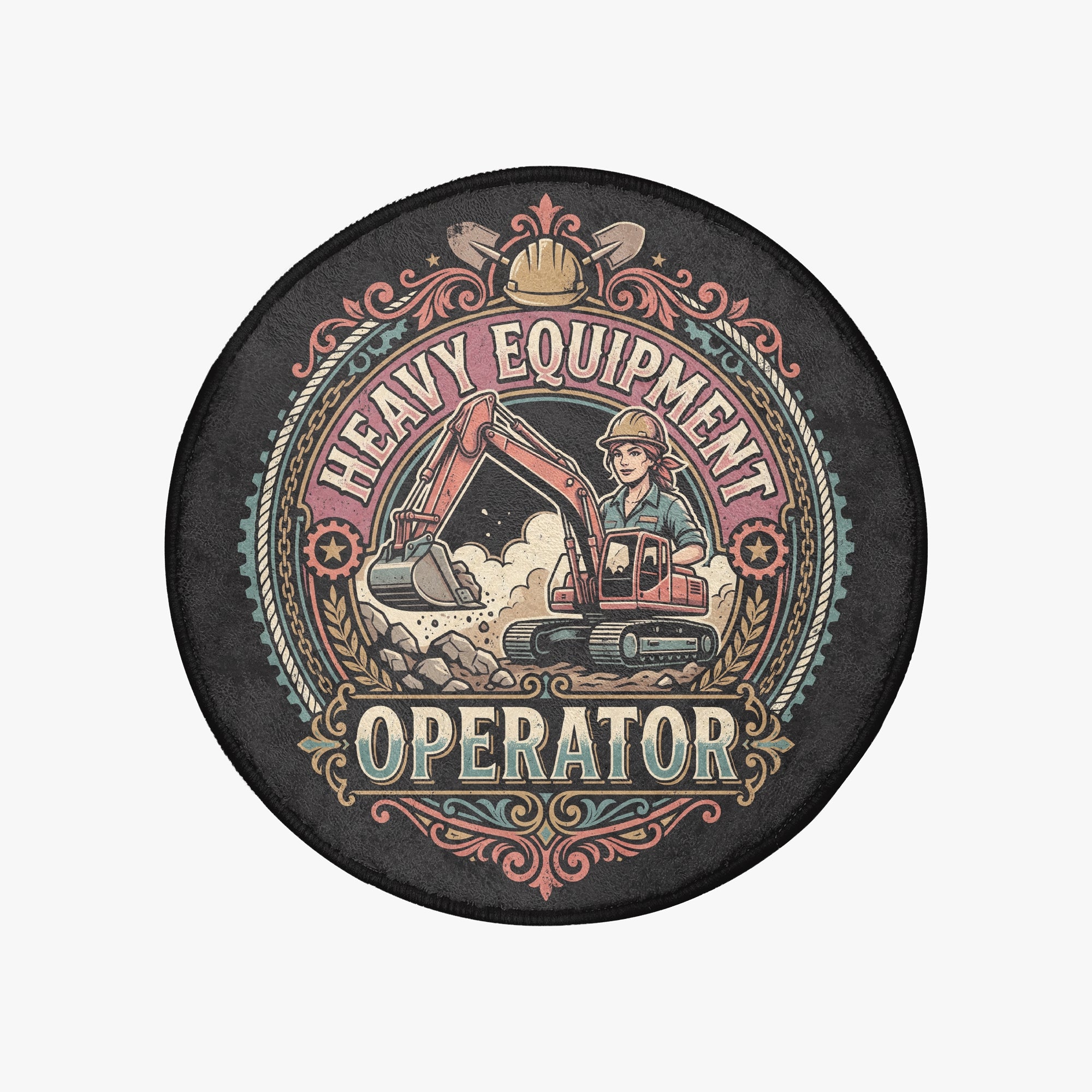 A circular graphic print or patch featuring a vintage-style illustration of a heavy equipment operator. The design shows a person in a hard hat operating an excavator on a construction site, with the words 'HEAVY EQUIPMENT OPERATOR' in bold lettering.