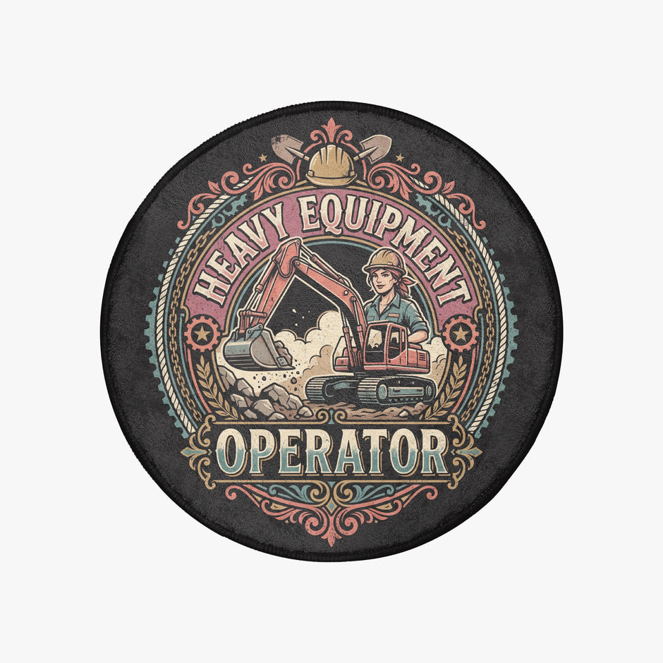 A circular graphic print or patch featuring a vintage-style illustration of a heavy equipment operator. The design shows a person in a hard hat operating an excavator on a construction site, with the words 'HEAVY EQUIPMENT OPERATOR' in bold lettering.