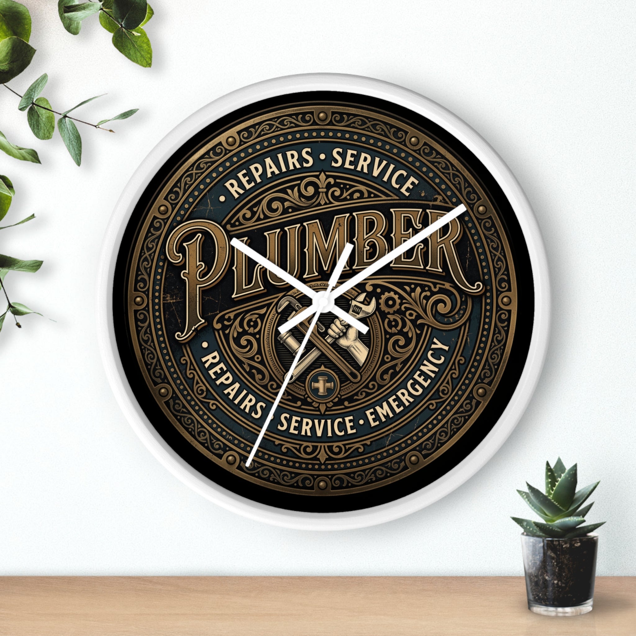 Plumber Vintage Emblem Wall Clock — Repairs • Service • Emergency - DCA0398