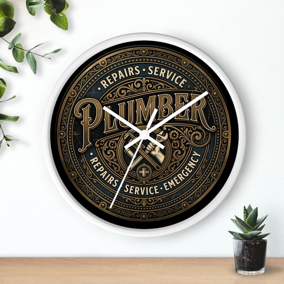 Plumber Vintage Emblem Wall Clock — Repairs • Service • Emergency - DCA0398