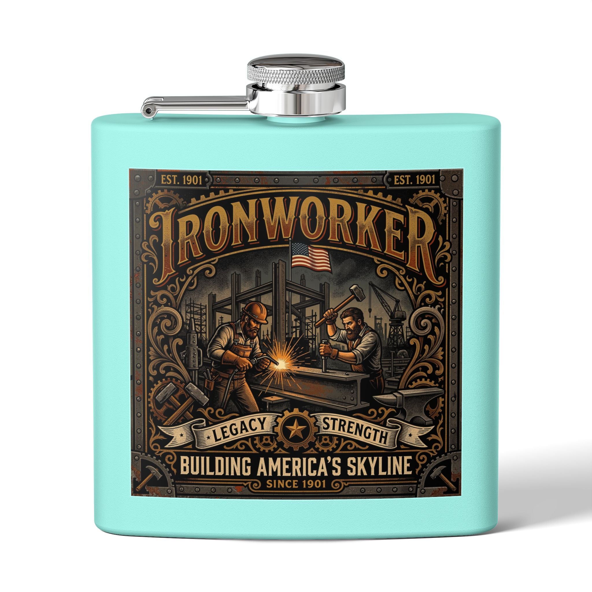 Ironworker Flask — 'Ironworker: Building America's Skyline' Stainless Steel 6oz Hip Flask - DCA0424