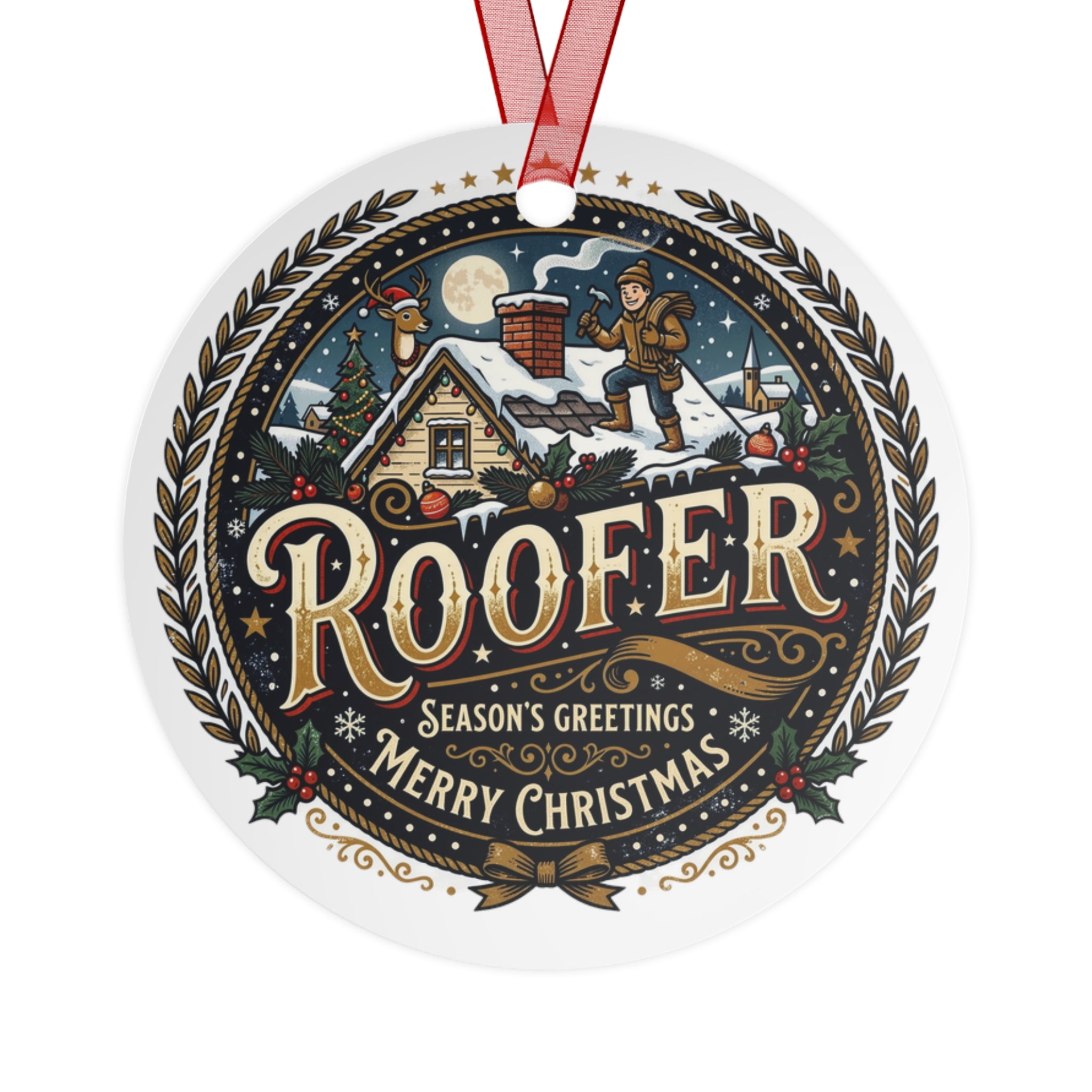 Roofer Merry Christmas Metal Ornament — Season’s Greetings Holiday Roofer Keepsake - DCA0459