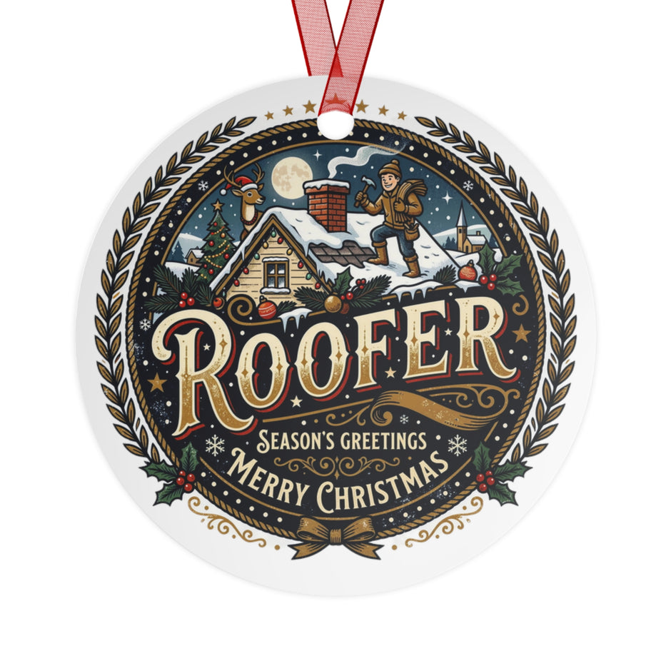 Roofer Merry Christmas Metal Ornament — Season’s Greetings Holiday Roofer Keepsake - DCA0459