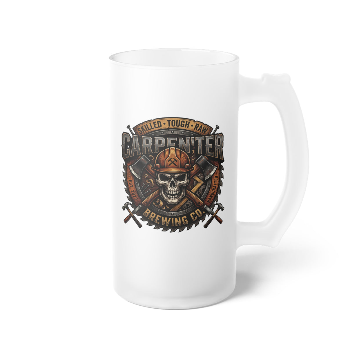 Carpenter Frosted Glass Beer Mug — Saw & Axe-Style Logo - DCA0506