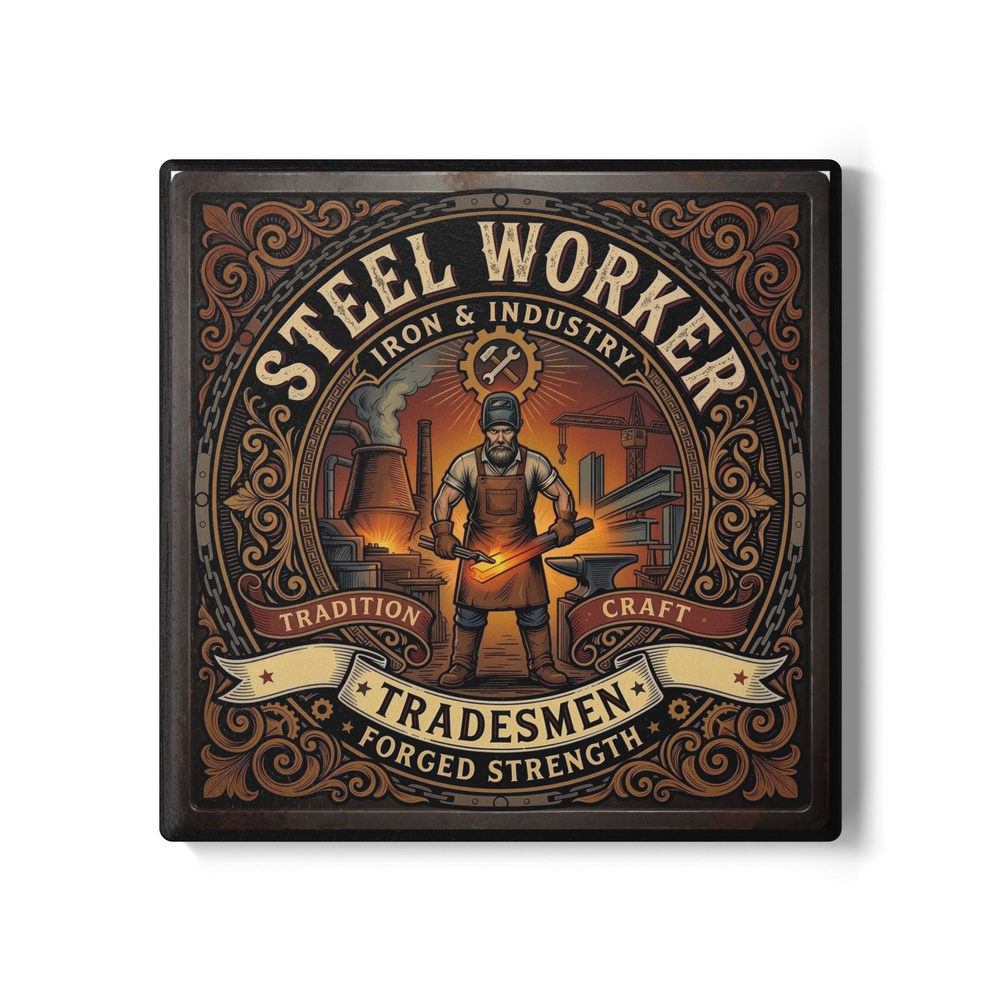 Steel Worker Ceramic Coaster — Tradesmen 'Forged Strength' Industrial Gift - DCA0241
