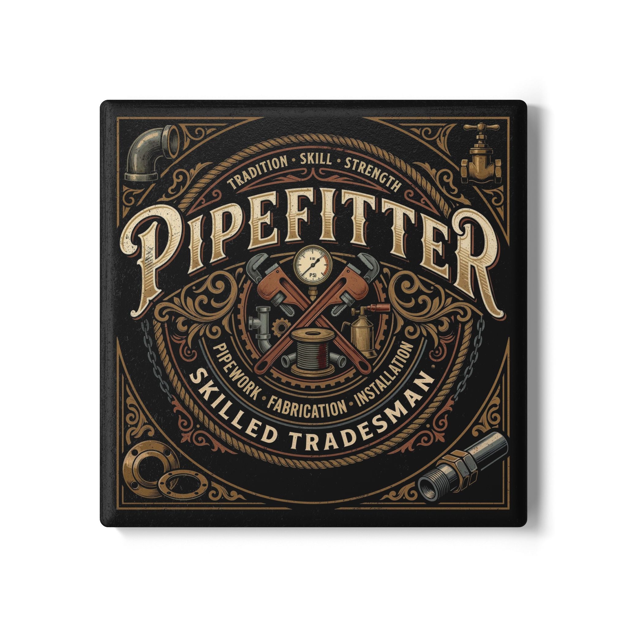 Pipefitter Ceramic Coaster — Skilled Tradesman Vintage Plumbing Design - Pipefitter - DCA0237