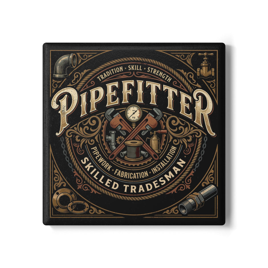 Pipefitter Ceramic Coaster — Skilled Tradesman Vintage Plumbing Design - Pipefitter - DCA0237