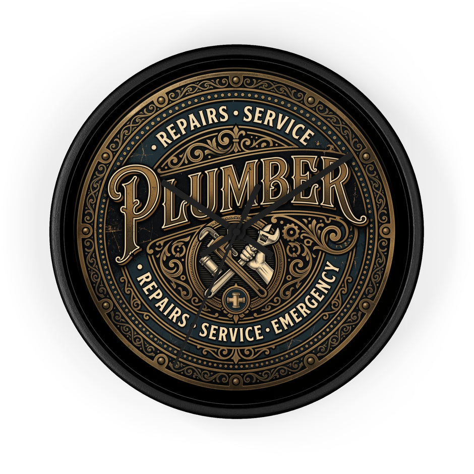 Plumber Vintage Emblem Wall Clock — Repairs • Service • Emergency - DCA0398
