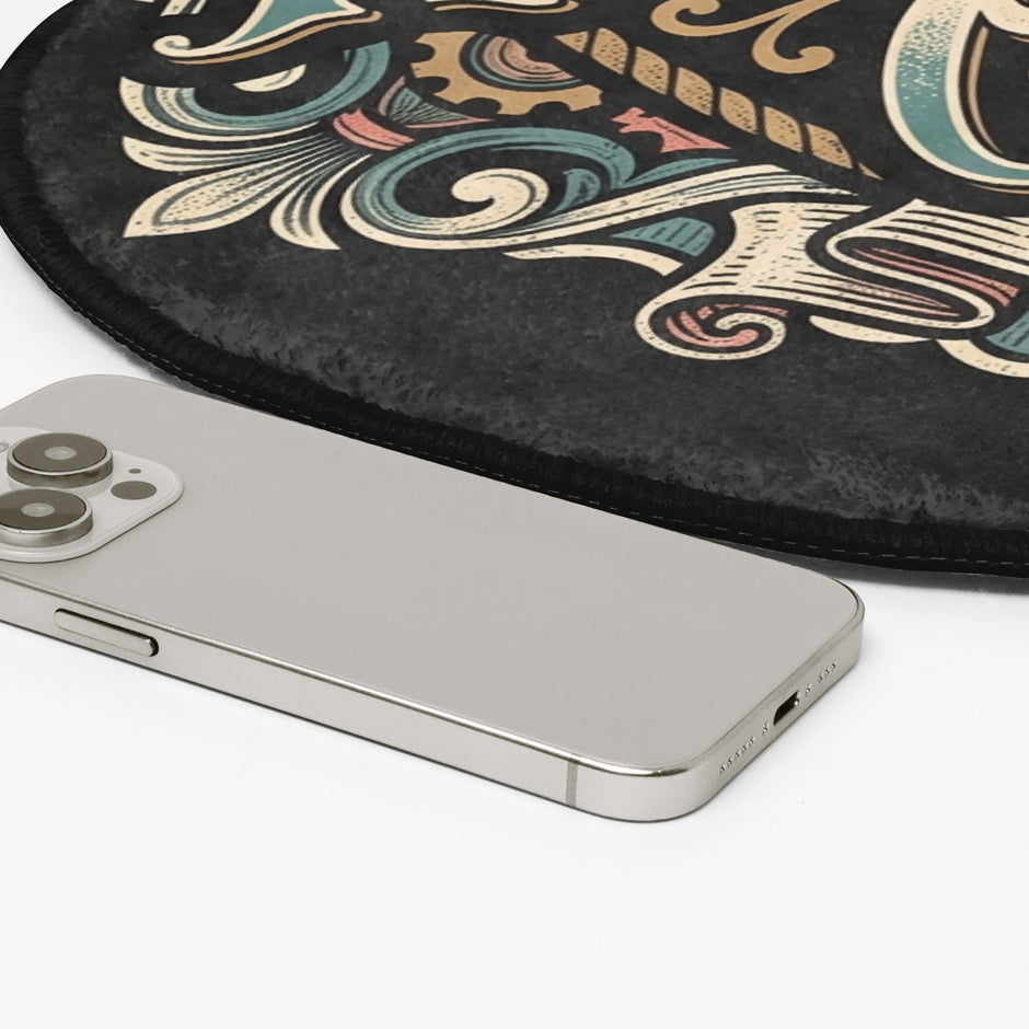 A close-up of a round black floor mat with an ornate multicolor pattern, shown next to a silver smartphone on a white surface.