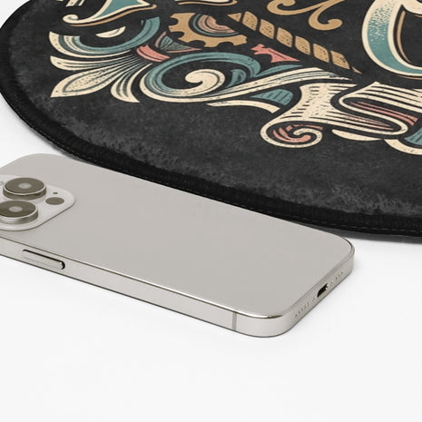 A close-up of a round black floor mat with an ornate multicolor pattern, shown next to a silver smartphone on a white surface.