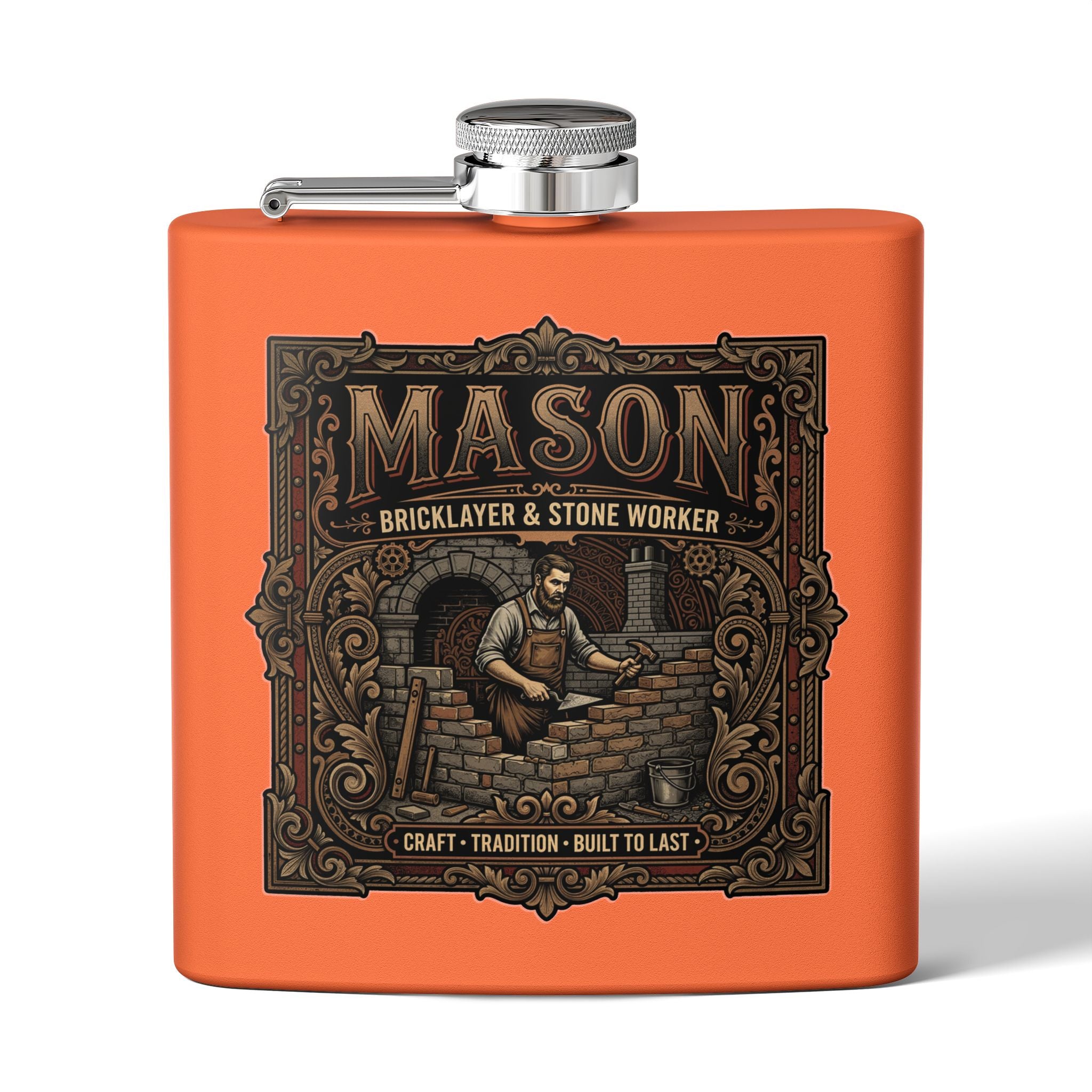 Mason Bricklayer 6oz Stainless Steel Flask – Vintage Stoneworker Design - DCA0427