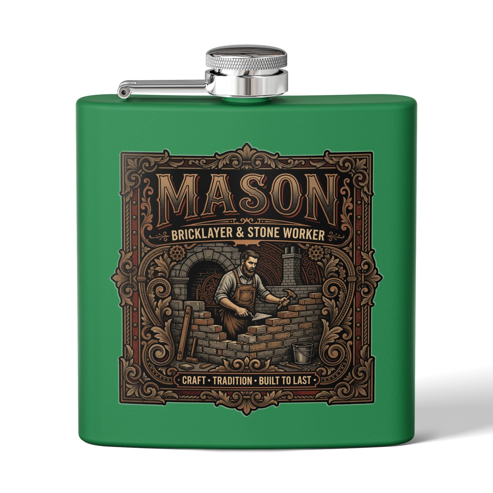 Mason Bricklayer 6oz Stainless Steel Flask – Vintage Stoneworker Design - DCA0427