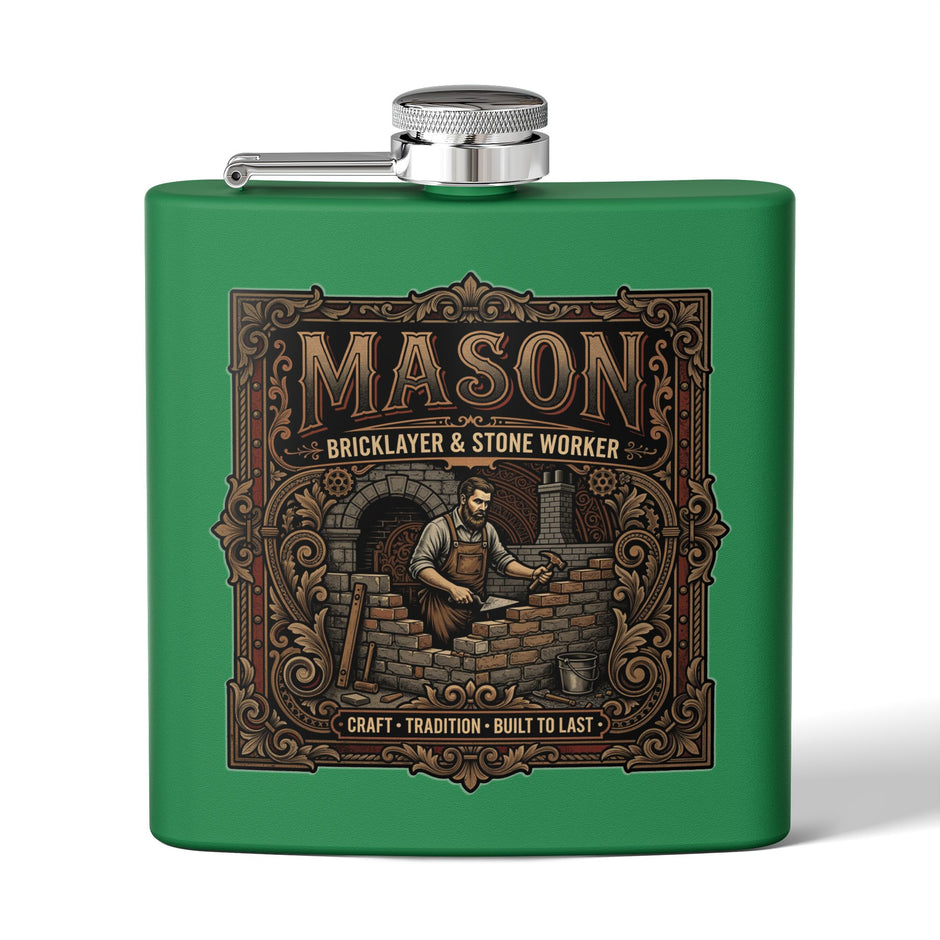 Mason Bricklayer 6oz Stainless Steel Flask – Vintage Stoneworker Design - DCA0427
