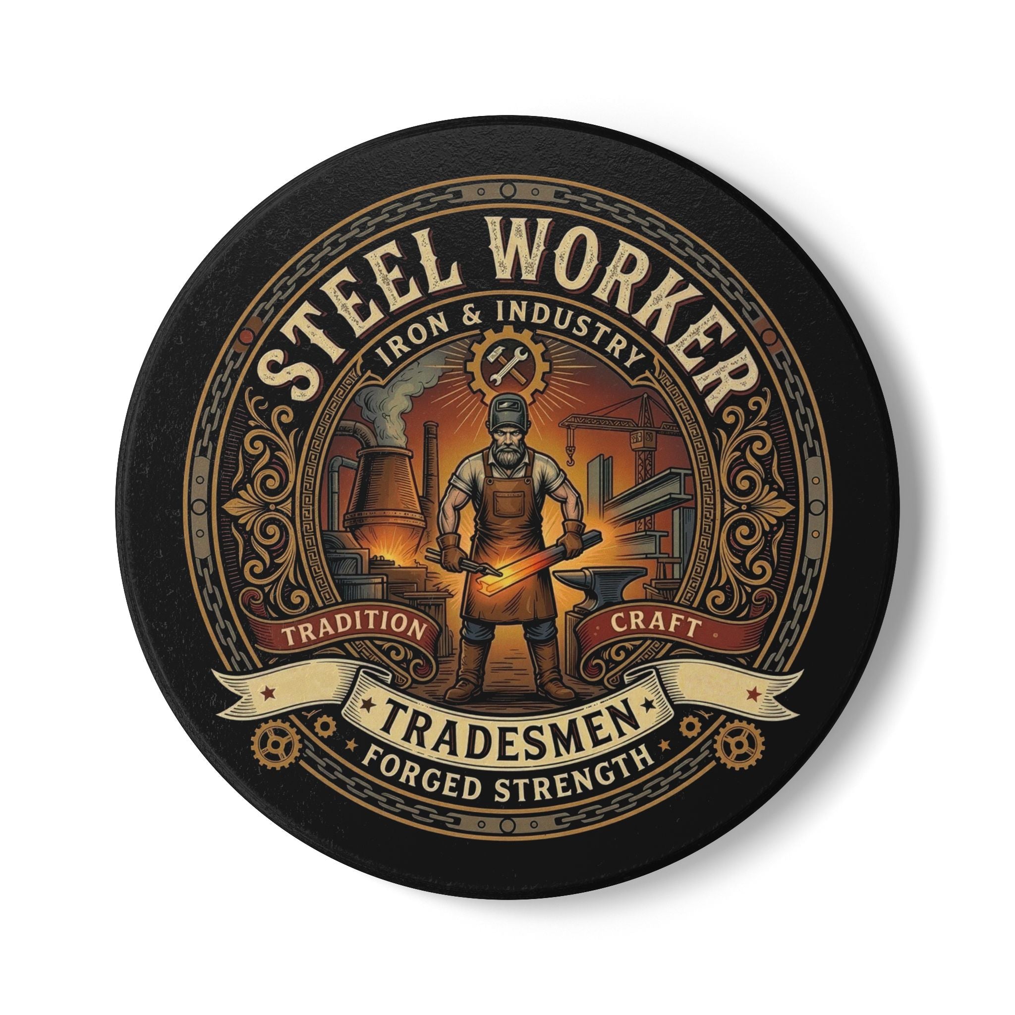 Steel Worker Ceramic Coaster — Tradesmen 'Forged Strength' Industrial Gift - DCA0241