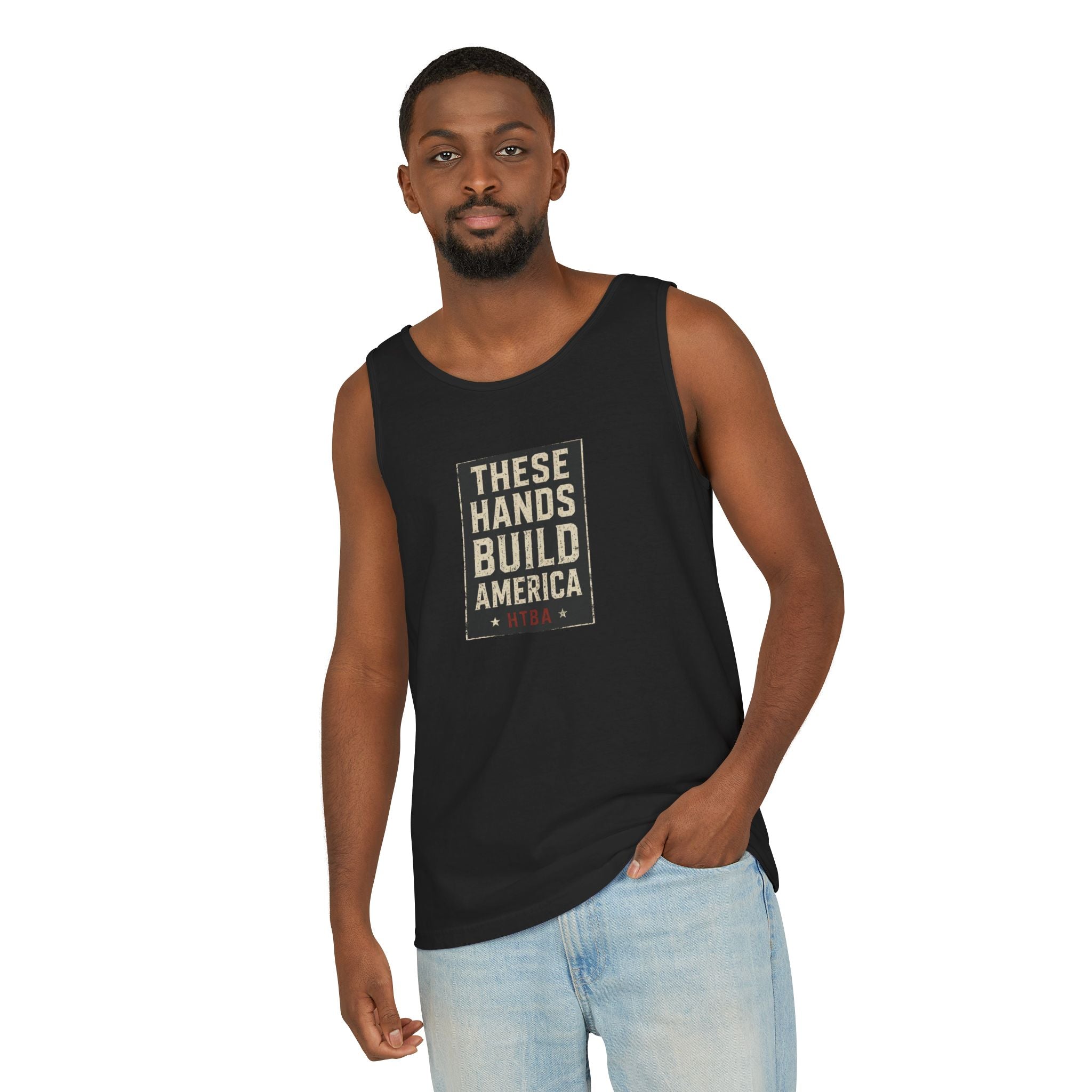 These Hands Build America Unisex Tank Top — Patriotic Construction Worker Muscle Tee