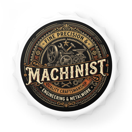 A circular metal cap or bottle stopper featuring a vintage-style machinist design. The central label has a black background with ornate gold and beige typography reading 'MACHINIST' and 'FINE PRECISION & QUALITY CRAFTSMANSHIP ENGINEERING & METALWORK,' surrounded by illustrated gears, tools, and stars.