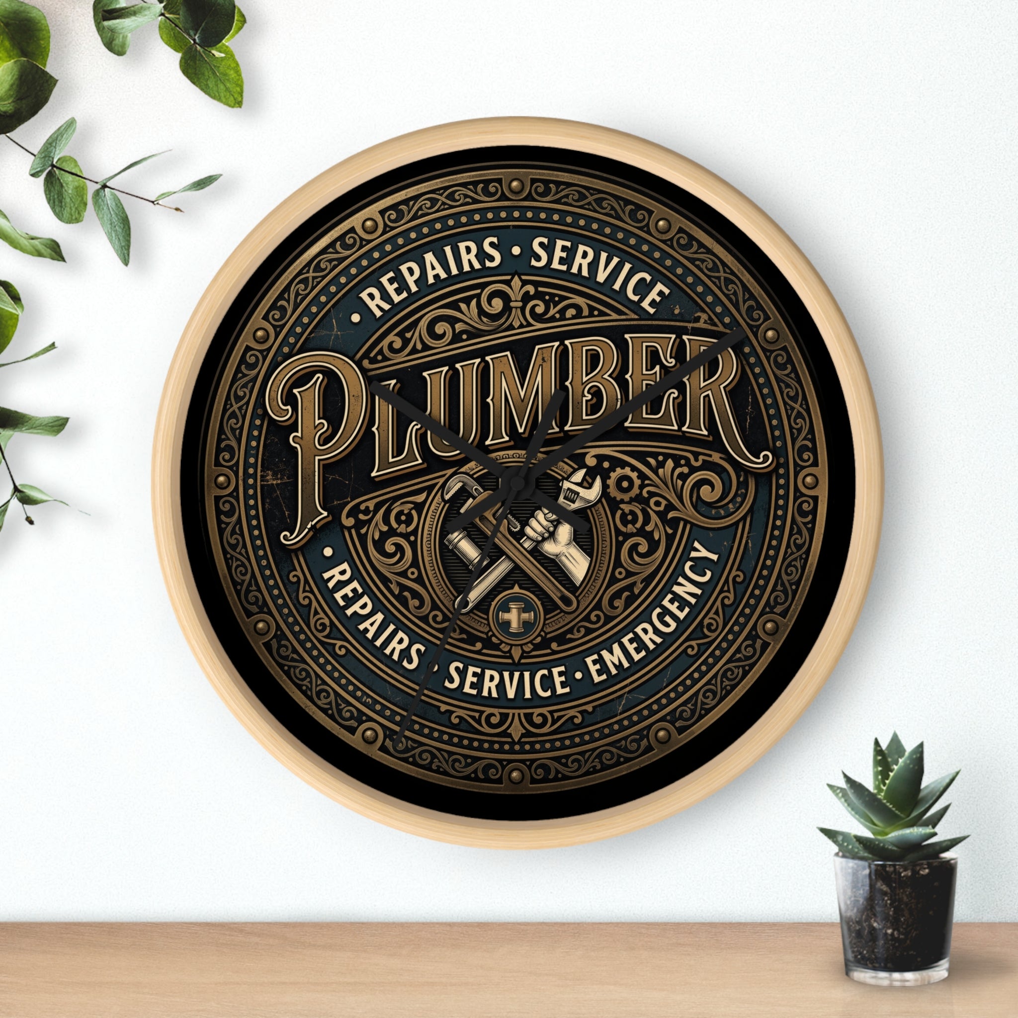 Plumber Vintage Emblem Wall Clock — Repairs • Service • Emergency - DCA0398