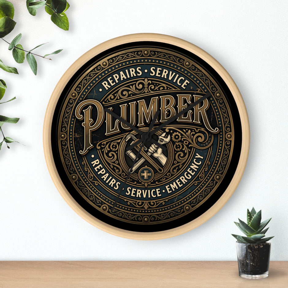 Plumber Vintage Emblem Wall Clock — Repairs • Service • Emergency - DCA0398