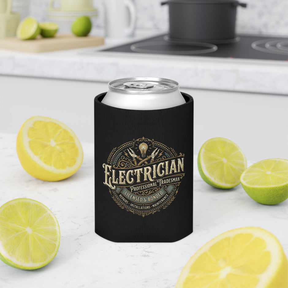 Electrician Can Cooler – Vintage Tradesman Logo Beverage Koozie - DCA0287
