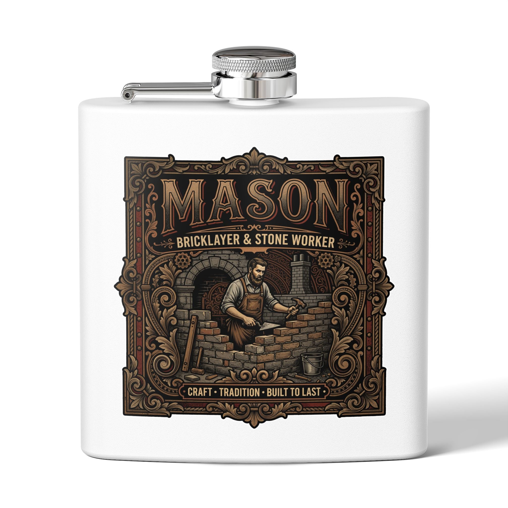 Mason Bricklayer 6oz Stainless Steel Flask – Vintage Stoneworker Design - DCA0427