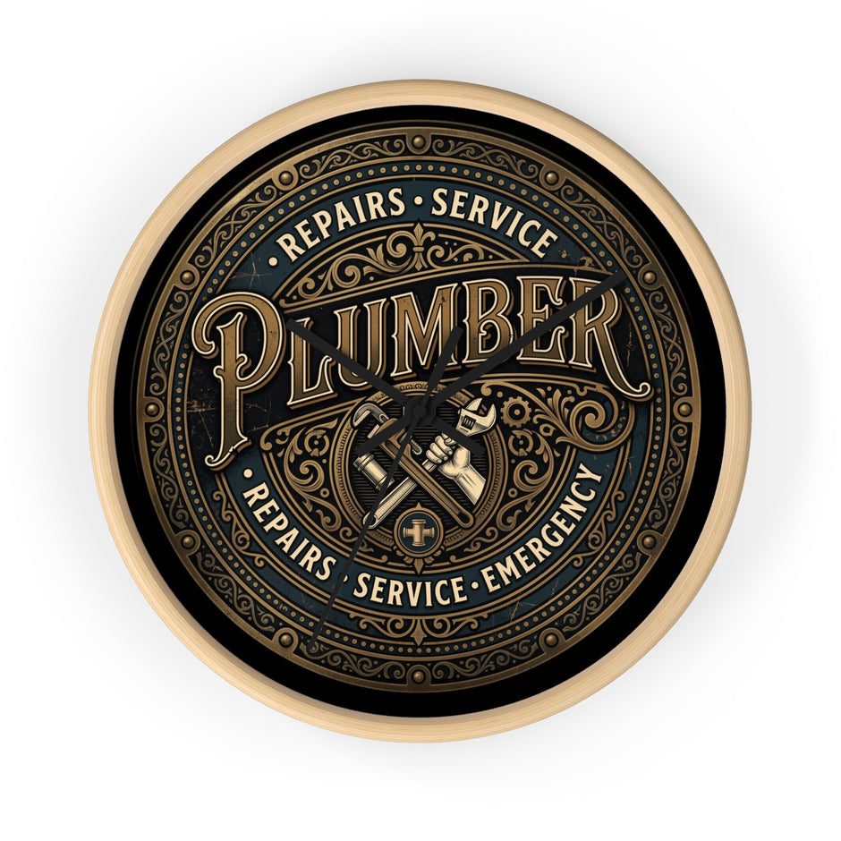 Plumber Vintage Emblem Wall Clock — Repairs • Service • Emergency - DCA0398
