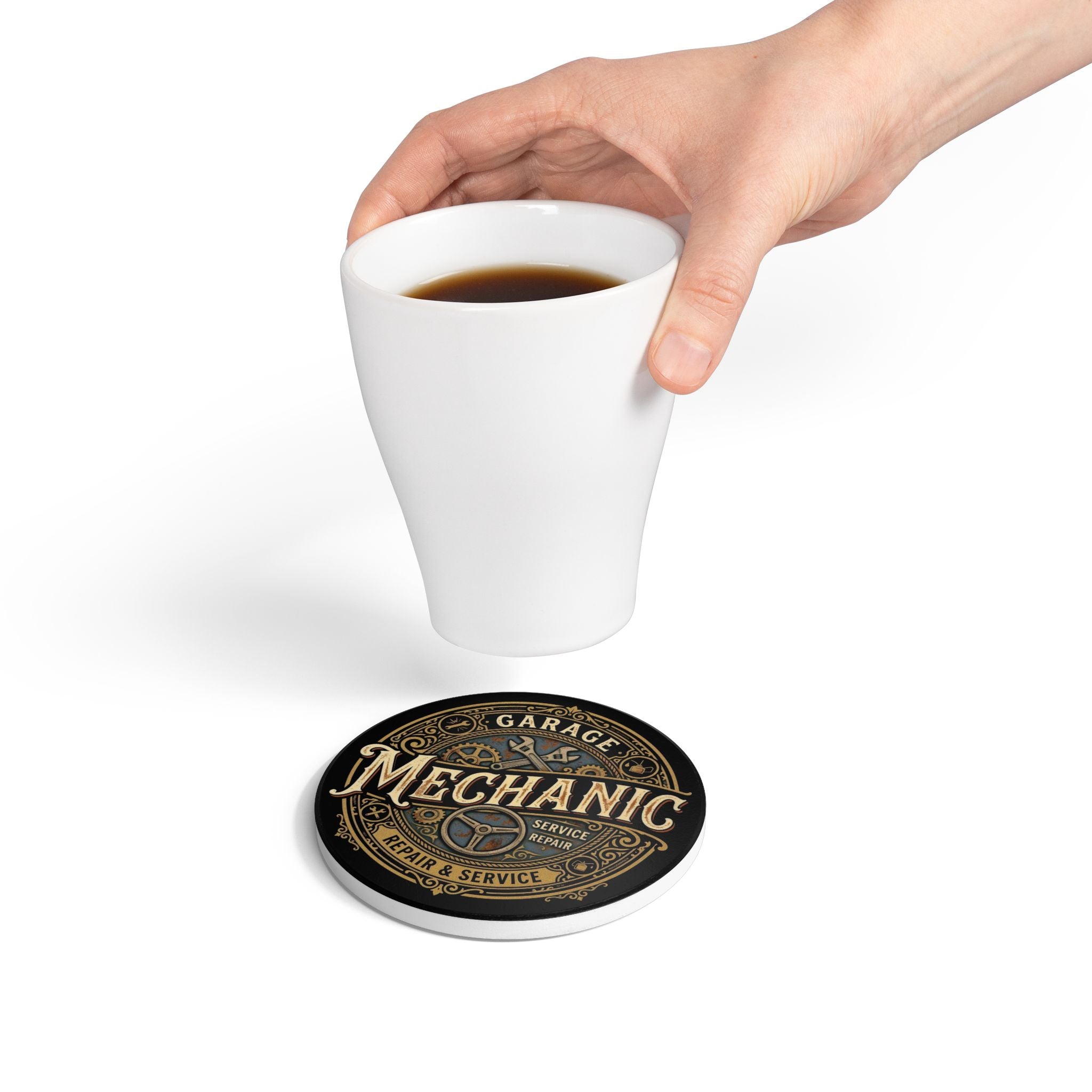 Garage Mechanic Ceramic Coaster — Vintage Repair & Service Design - DCA0234