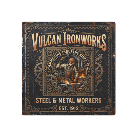 Steel Worker - Vulcan Ironworks Metal Sign - Vintage Blacksmith Workshop Decor (Steel & Metal Workers Est. 1912) - DCA0445