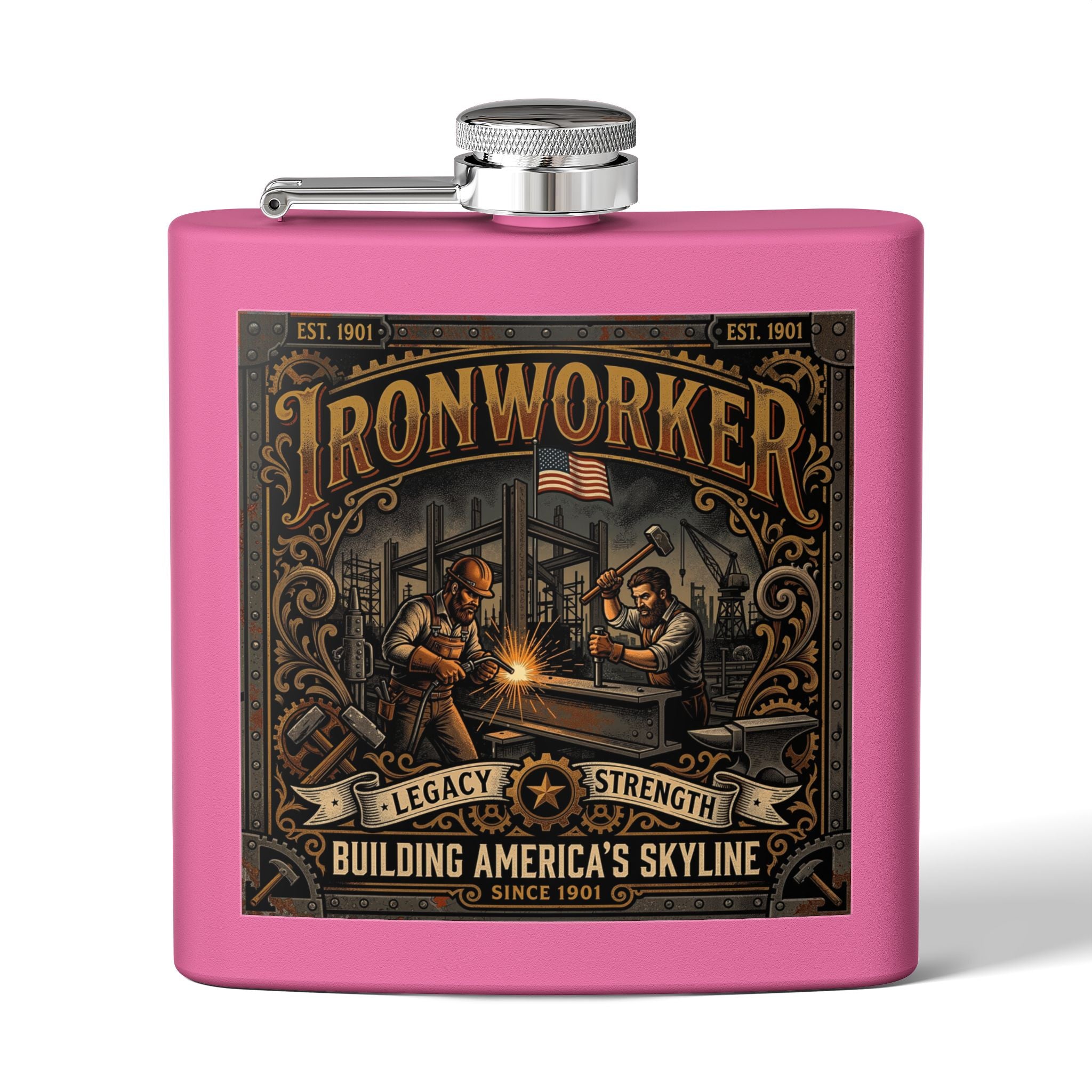 Ironworker Flask — 'Ironworker: Building America's Skyline' Stainless Steel 6oz Hip Flask - DCA0424