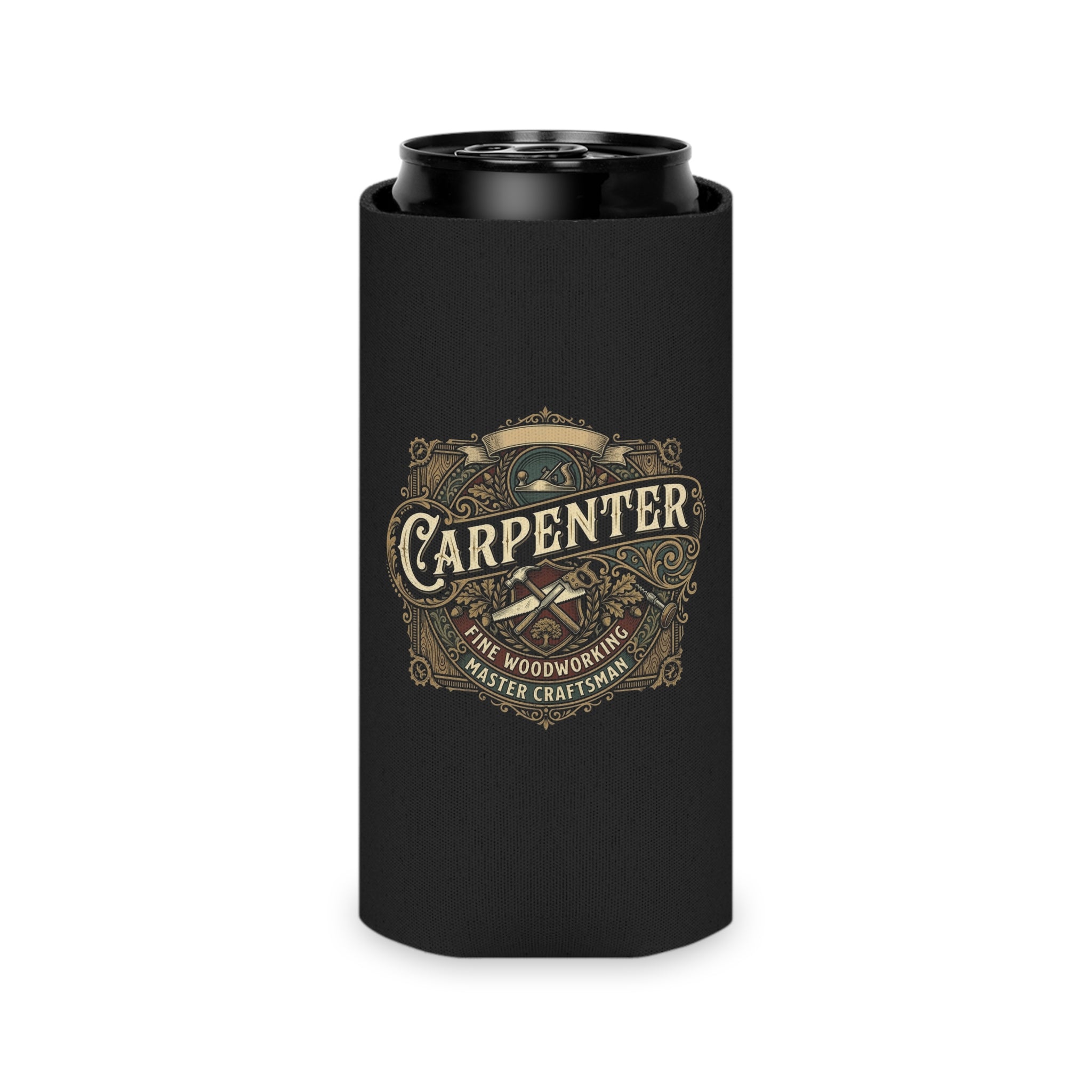Carpenter Can Cooler — Retro Woodworking Logo Beverage Insulator - DCA0286