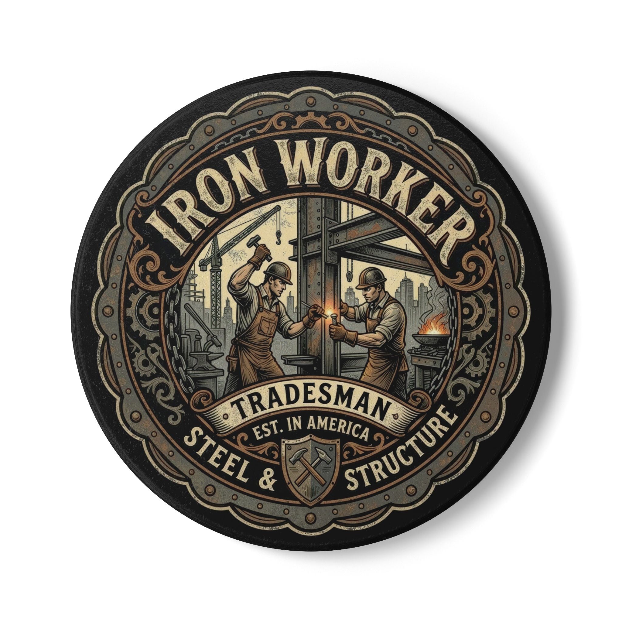Iron Worker Tradesman Ceramic Coaster — Steel & Structure Vintage Industrial Drink Coaster - DCA0260
