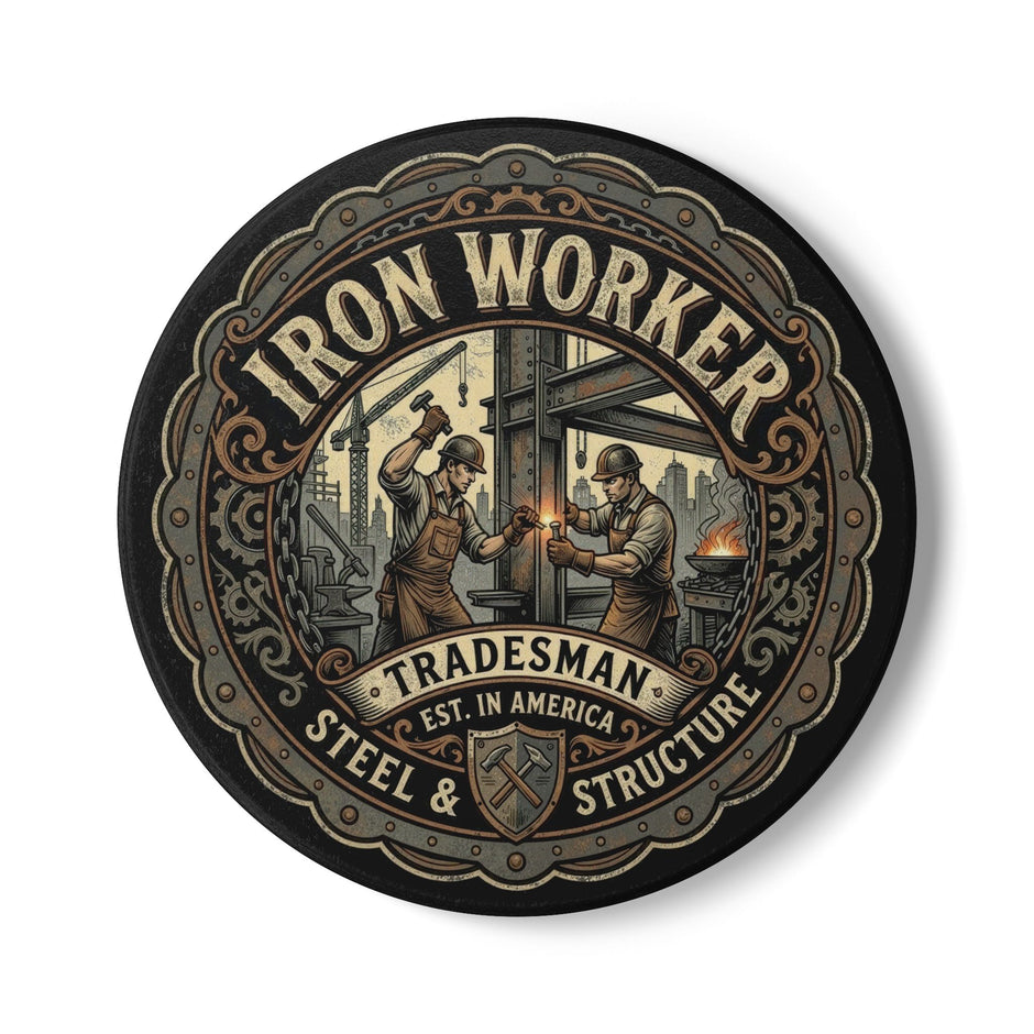Iron Worker Tradesman Ceramic Coaster — Steel & Structure Vintage Industrial Drink Coaster - DCA0260