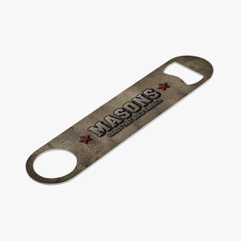 A metal bottle opener with a distressed bronze finish, featuring the text 'MASON'S HANDS FOR GOOD BEVERAGES' and two red stars, shown on a light gray background.