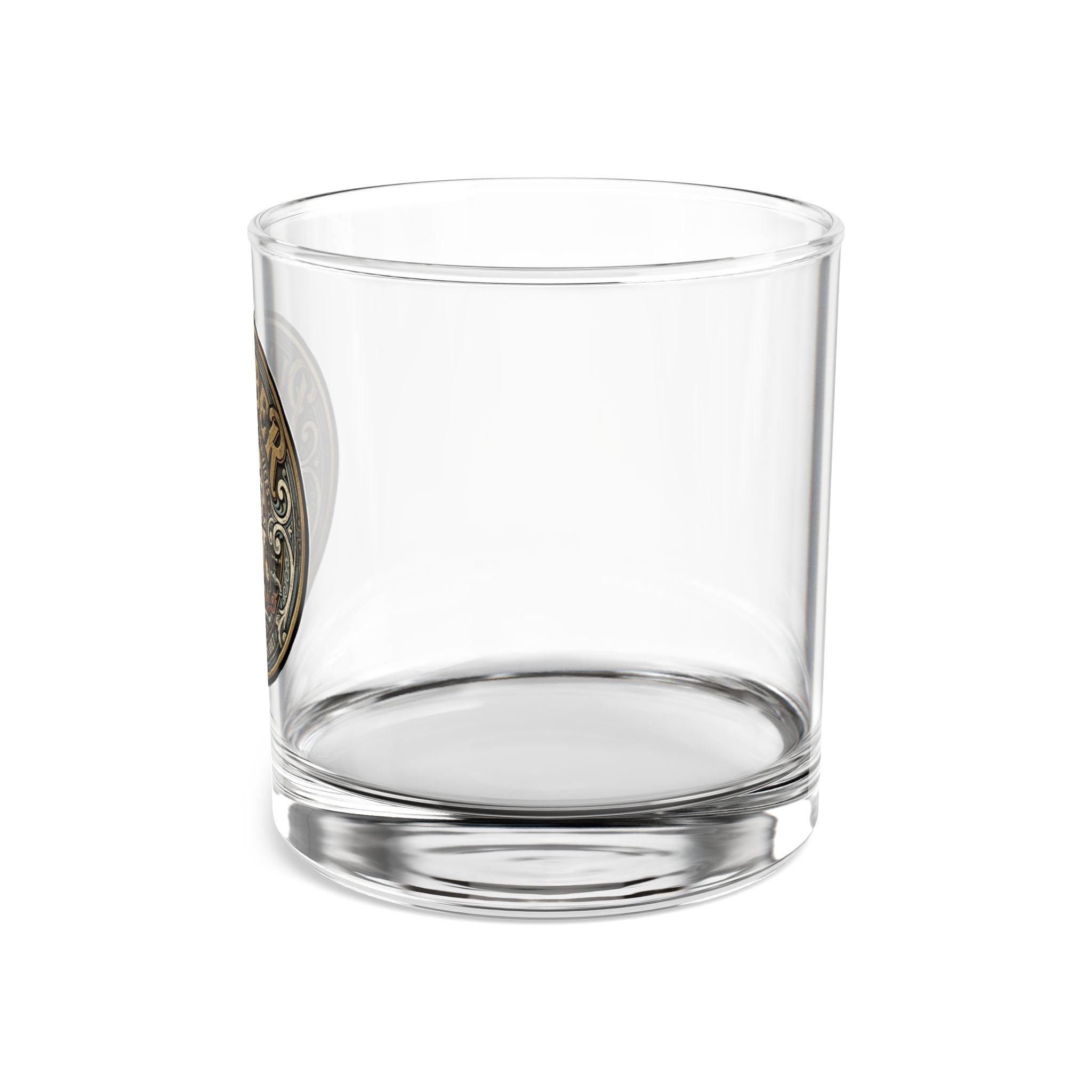 Clear glass tumbler with text on a white background