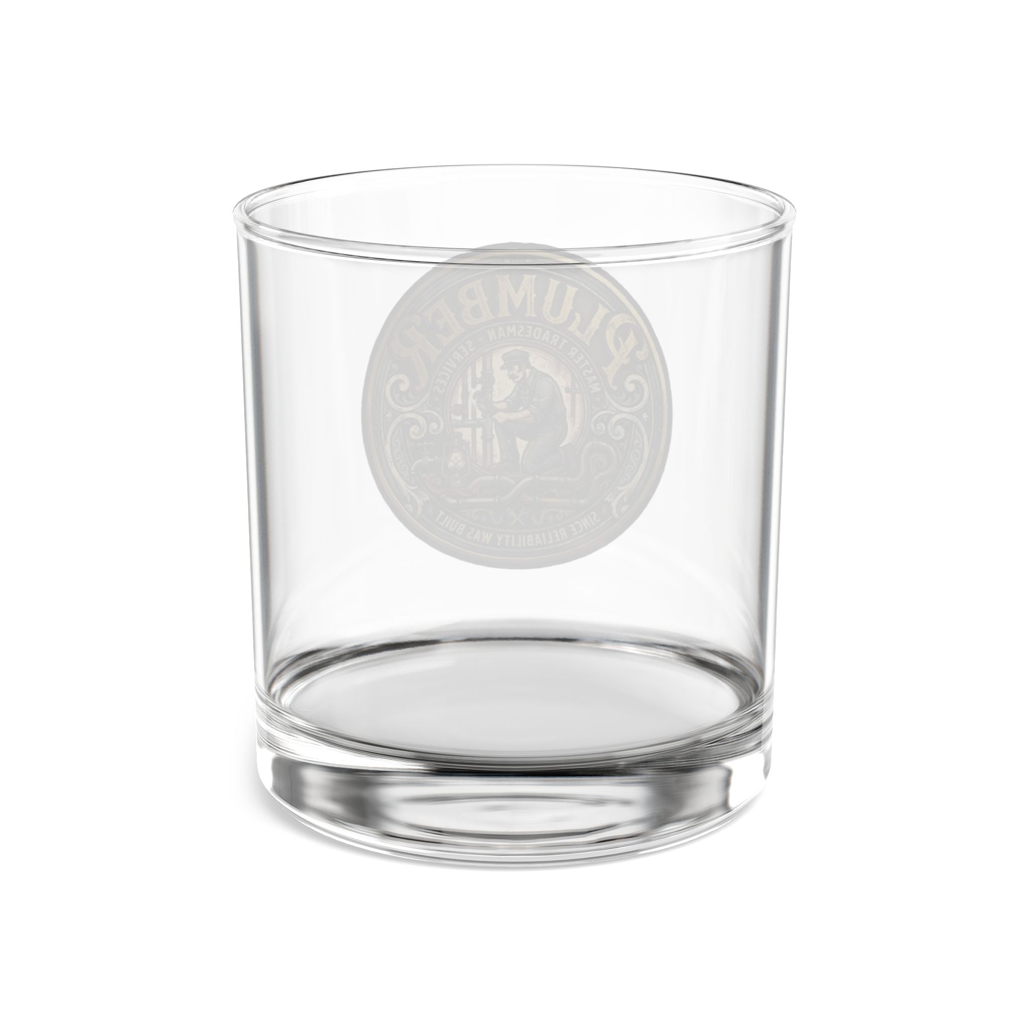Clear glass tumbler with embossed logo on a white background