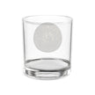 Clear glass tumbler with embossed logo on a white background