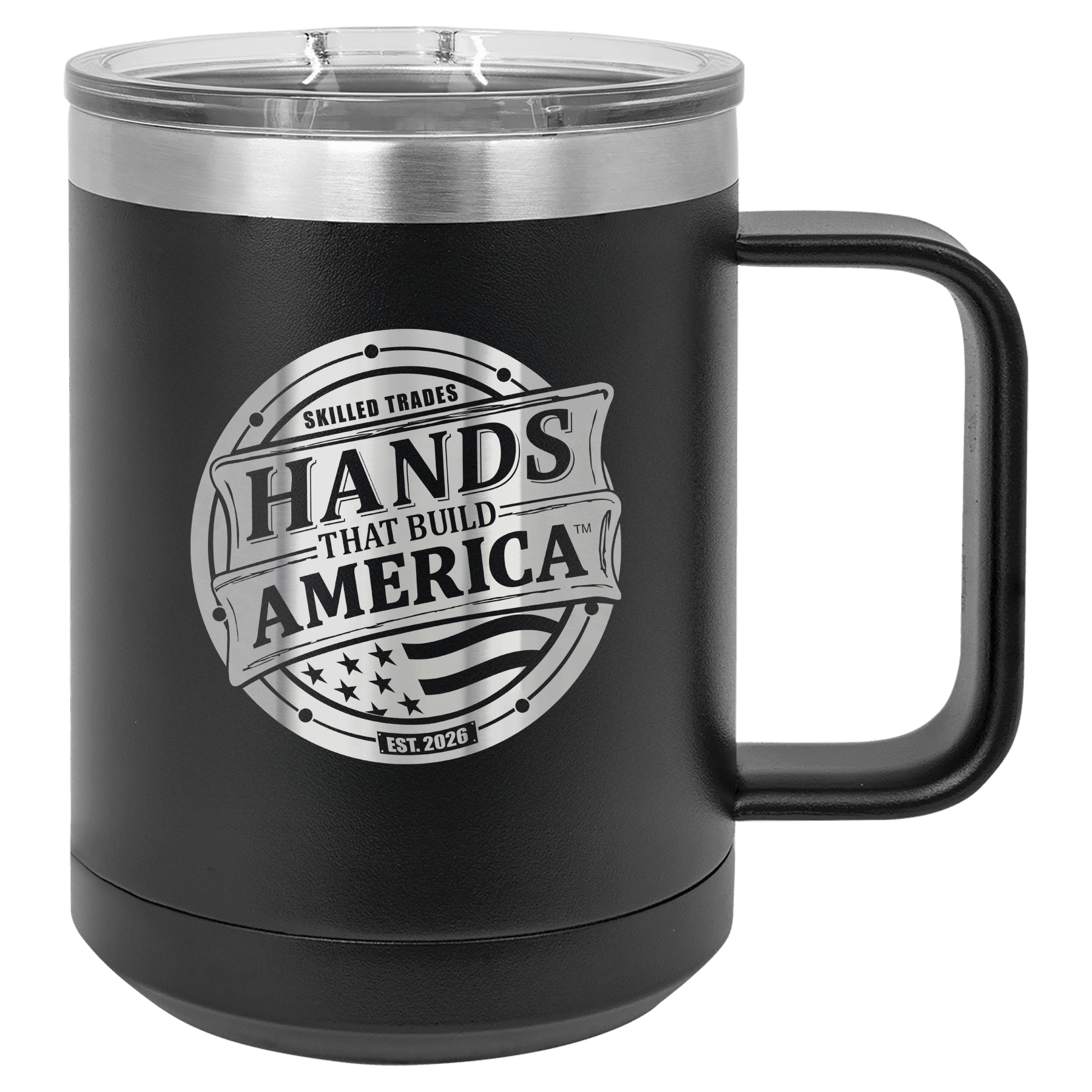 Black mug with 'Hands That Build America' logo on a checkered background
