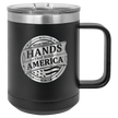 Black mug with 'Hands That Build America' logo on a checkered background