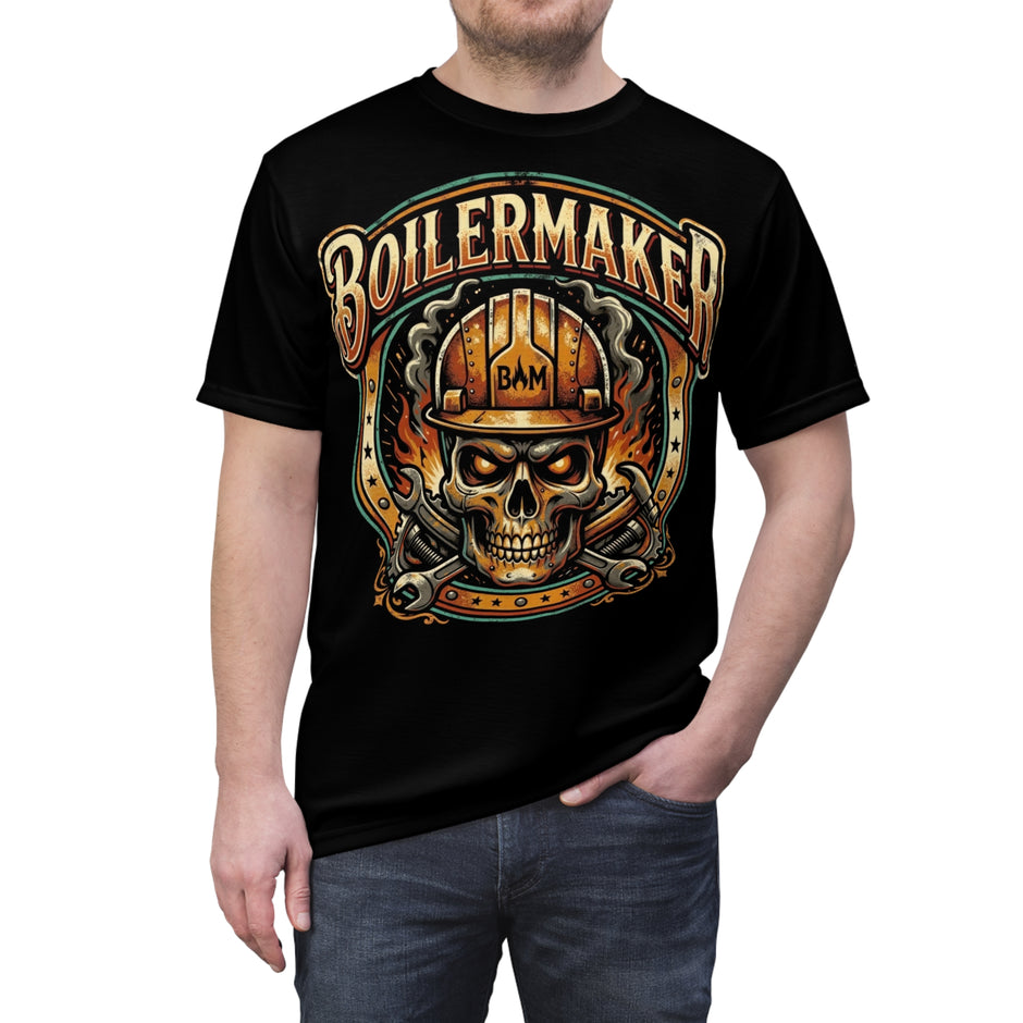 Black t-shirt with 'Boilermaker' graphic design featuring a skull and hard hat on a white background.