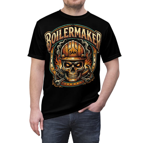 Black t-shirt with 'Boilermaker' graphic design featuring a skull and hard hat on a white background.