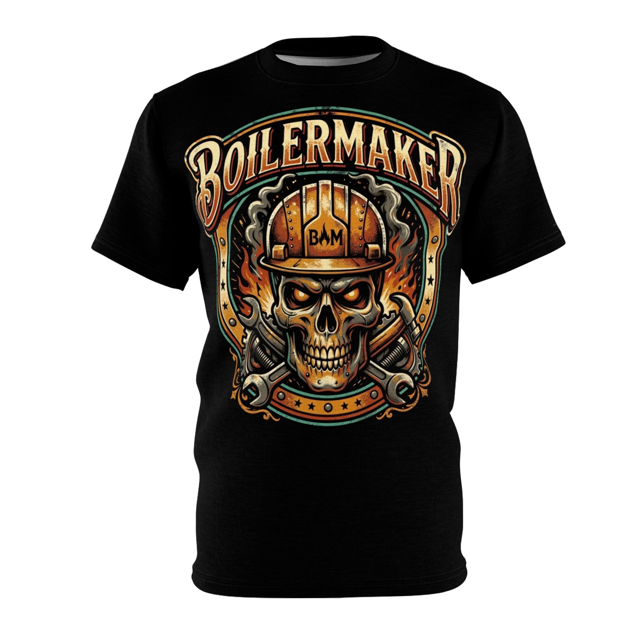Black t-shirt with 'Boilermaker' graphic design featuring a skull and hard hat on a white background.