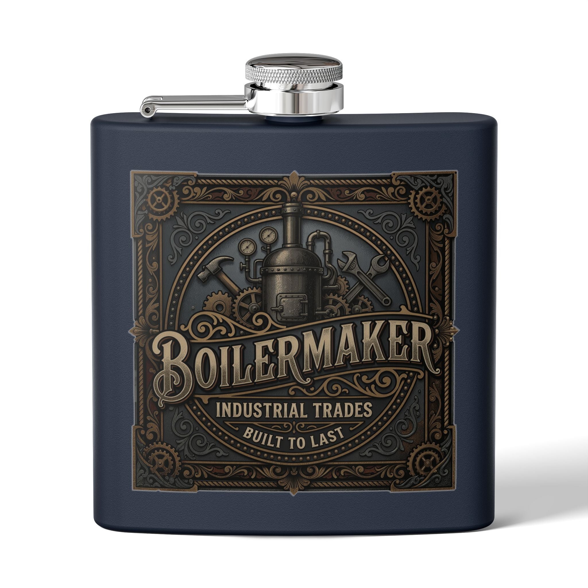 A matte navy blue flask with a silver screw cap and side spout, featuring a large embossed vintage-style steampunk label on the front with the word 'BOILERMAKER' and decorative gears, tools, and text.