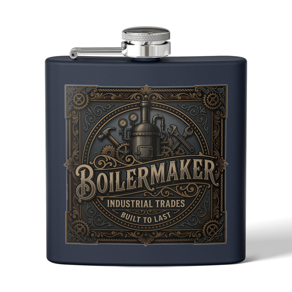 A matte navy blue flask with a silver screw cap and side spout, featuring a large embossed vintage-style steampunk label on the front with the word 'BOILERMAKER' and decorative gears, tools, and text.