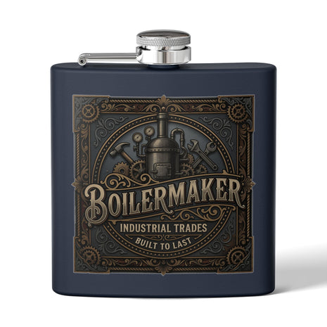 A matte navy blue flask with a silver screw cap and side spout, featuring a large embossed vintage-style steampunk label on the front with the word 'BOILERMAKER' and decorative gears, tools, and text.