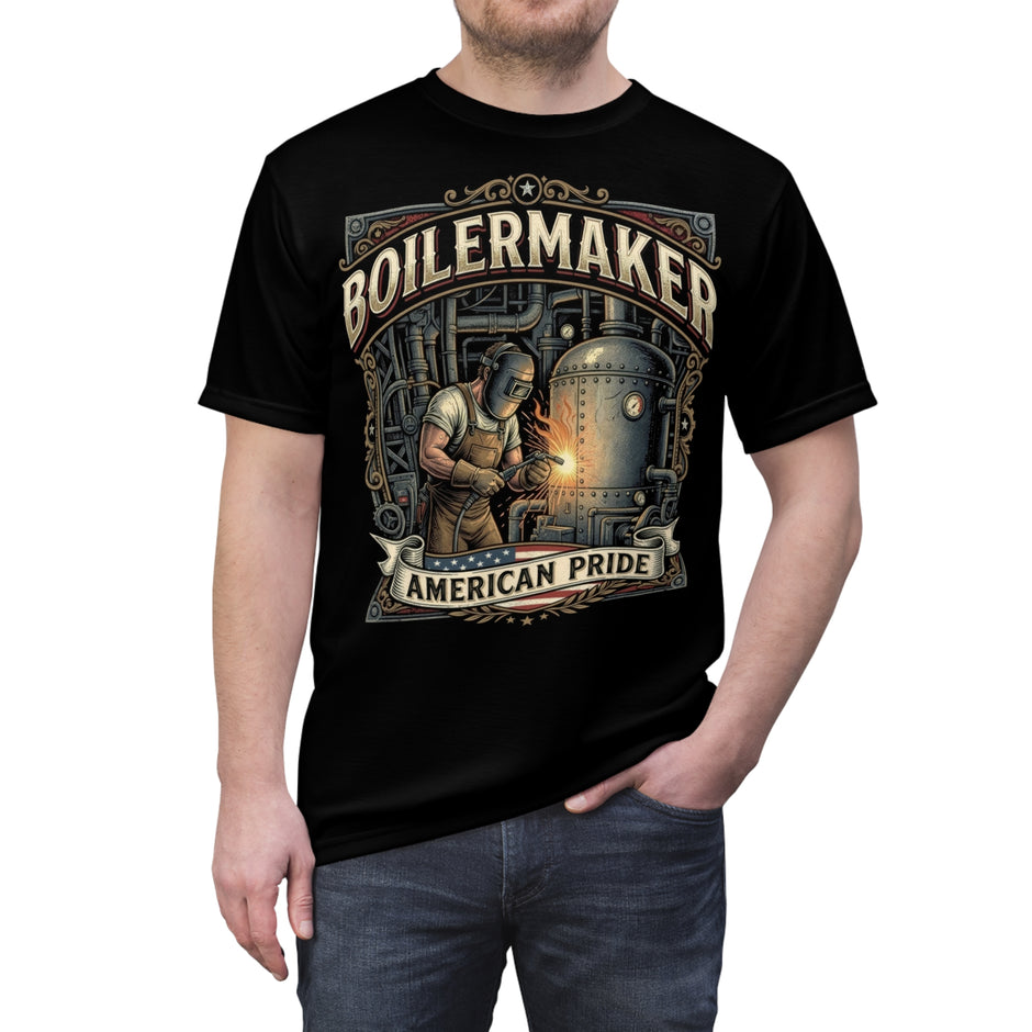 Black t-shirt with 'Boilermaker American Pride' graphic design on a white background