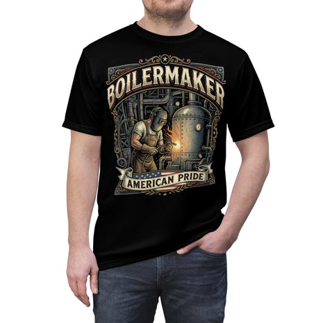 Black t-shirt with 'Boilermaker American Pride' graphic design on a white background