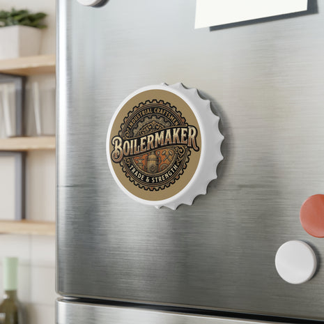 Boilermaker bottle cap magnet on a refrigerator door