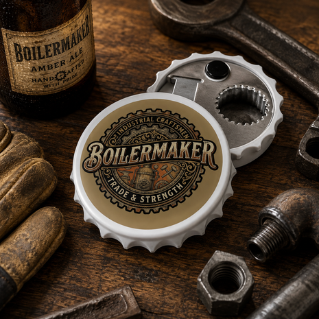 A bottle cap opener tool designed to look like a vintage Boilermaker beer label, resting on a rustic wooden workbench surrounded by tools like a wrench, hex nut, and leather gloves.
