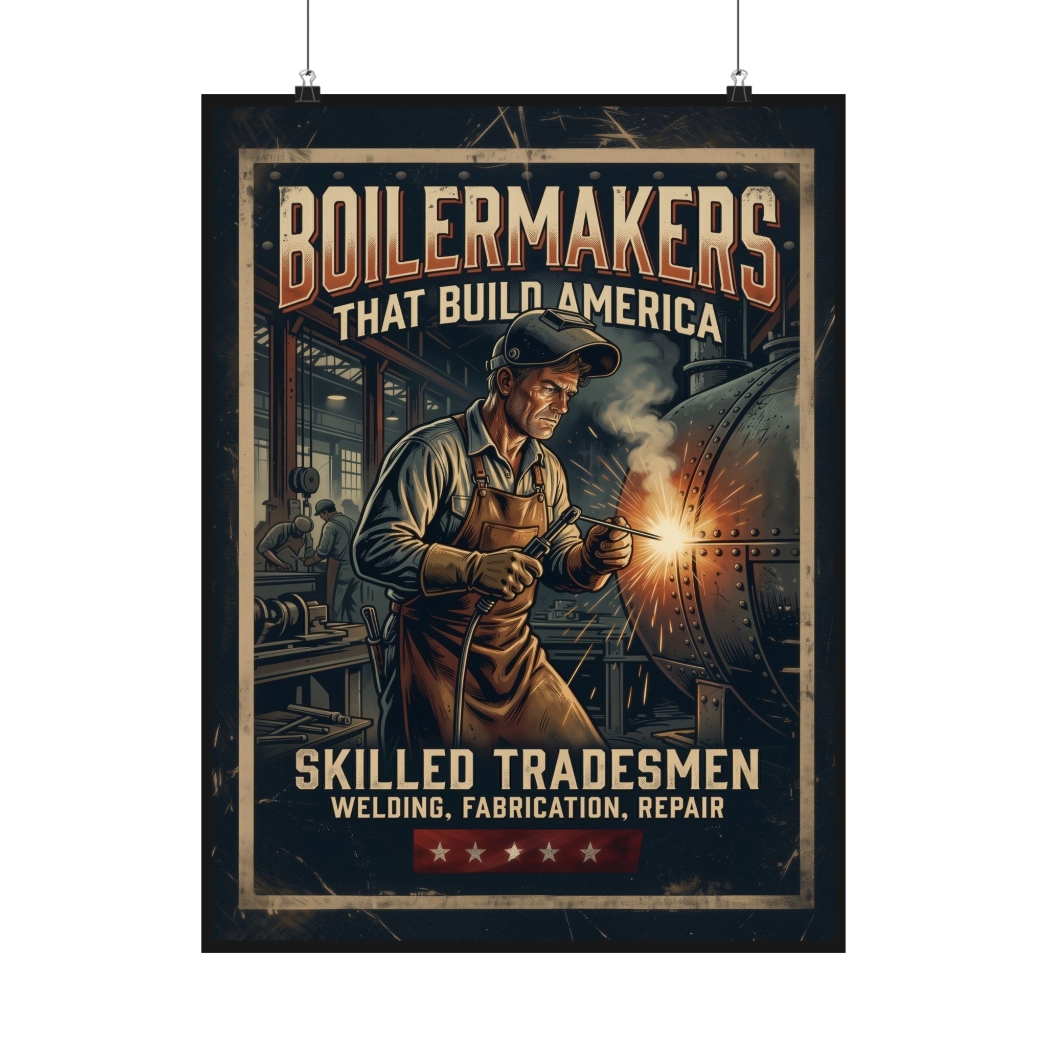 Poster of a boilermaker welding with text 'Boilermakers That Build America' and 'Skilled Tradesmen'.