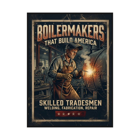 Poster of a boilermaker welding with text 'Boilermakers That Build America' and 'Skilled Tradesmen'.