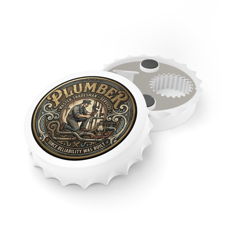 Decorative bottle cap style bottle opener with 'Plumber' design on a white background